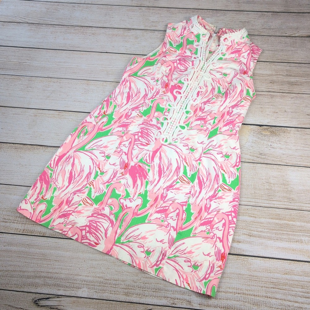 Lilly Pulitzer Flamingo Pink Green Soutache Cotton Pique Shift Dress Size 8